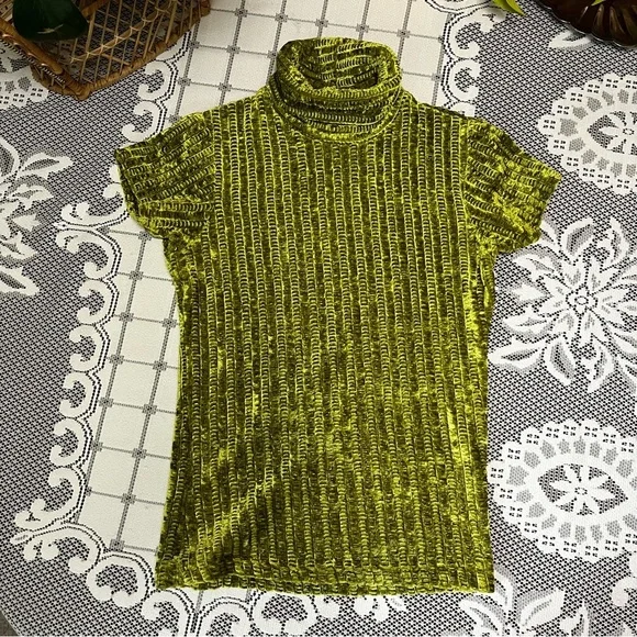 VINTAGE Betty Blue Green Crushed Velvet Ribbed Turtle Neck Top size medium - Picture 1 of 6